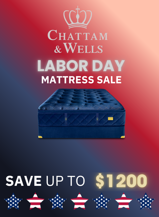 Advertisement for Chattam & Wells Labor Day Mattress Sale with a blue mattress on a gradient background.