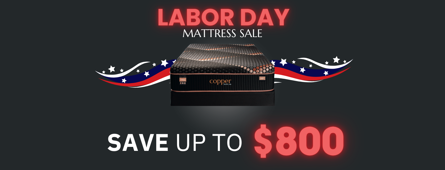Promotional banner for a Labor Day mattress sale with a mattress and American flag design on a black background.