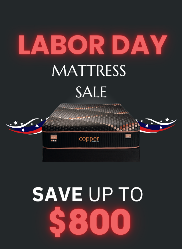 Advertisement for a Labor Day mattress sale with a copper mattress and savings offer on a black background.